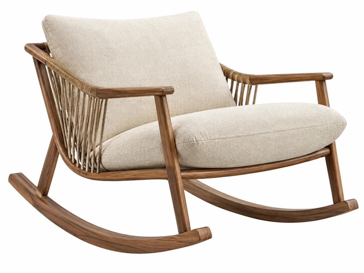 Sedia a dondolo 72 x 95 x 92 cm in legno marrone con tessuto beige stile naturale