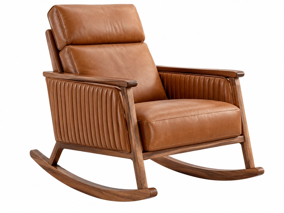 Sedia a dondolo 75 x 95 x 100 cm in legno e rivestimento effetto pelle marrone - stile moderno