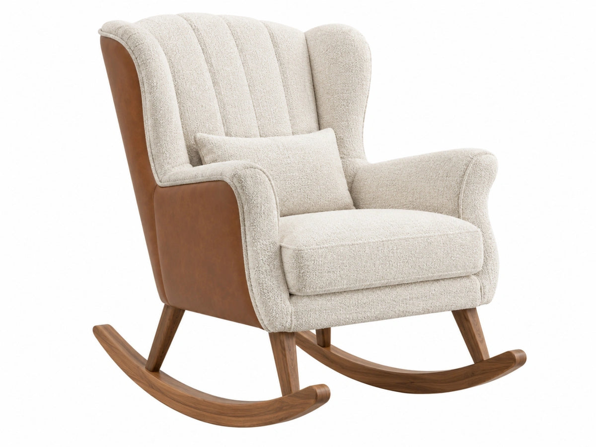 Sedia a dondolo 75 x 95 x 105 cm in tessuto bouclé beige e legno stile moderno