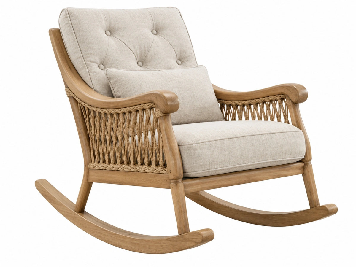 Sedia a dondolo 75 x 100 x 105 cm in legno naturale e tessuto beige