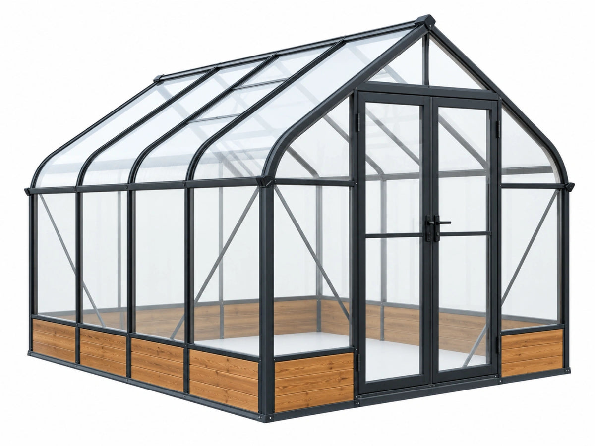 Serra da giardino 300 x 240 x 250 cm in vetro trasparente e alluminio nero con base in legno
