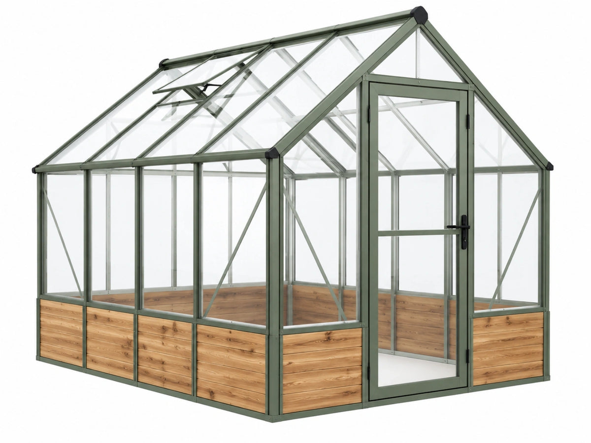 Serra da giardino 300 x 190 x 195 cm in alluminio verde con pannelli trasparenti e base in legno