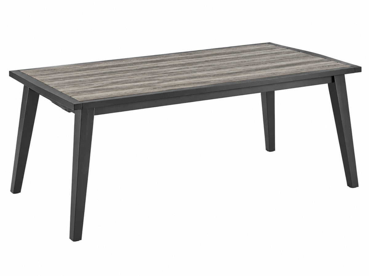 Tavolo da giardino 150 x 90 cm in metallo nero e piano effetto legno