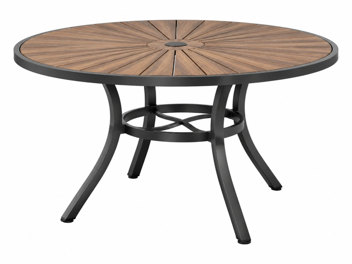 Tavolo da giardino rotondo Ø120 cm in legno marrone e metallo nero - stile moderno