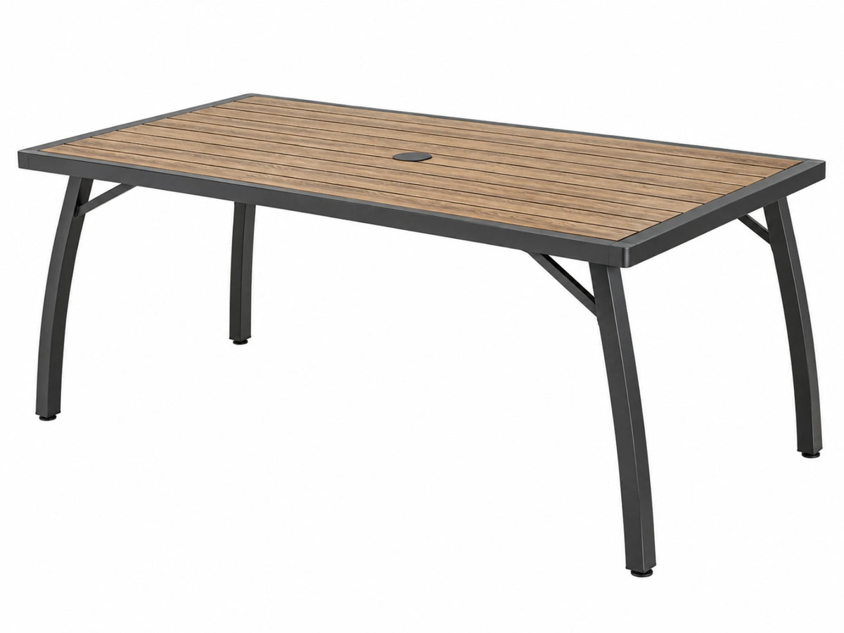 Tavolo da giardino 150 x 90 cm in metallo nero e piano effetto legno marrone con foro ombrellone