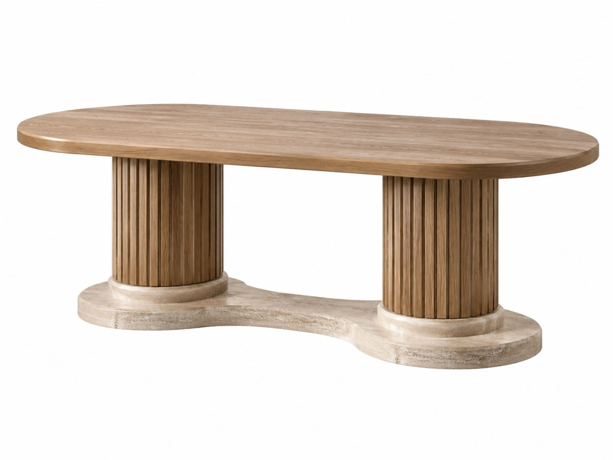 Tavolo da pranzo ovale 220 cm in legno e pietra beige con basi scanalate