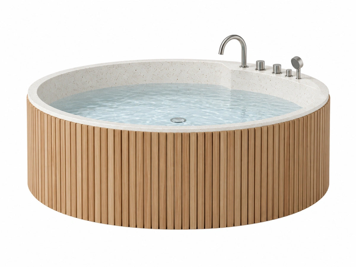 Vasca da bagno rotonda 180 cm in materiale composito avorio con rivestimento in legno naturale